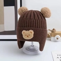Dark coffee baby knitted earflap hat with bear patch and beige plush pom-poms - Coffee - Double Pom Bear Ear Protection