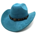 Detail of turquoise suede cowboy hat featuring black leather band and bull head emblem - M (56-58cm) / Lake Blue