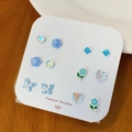 6-pair set of elegant blue floral and crystal stud earrings on white display card - ZS4 Blue Butterfly / 6 Pairs Set