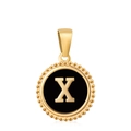Classic round 18K gold plated letter X pendant with black enamel inlay and beaded edge - Letter X