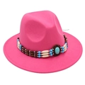 Detailed view of pink felt fedora hat featuring ethnic turquoise beaded band trim - One Size / Rose Red