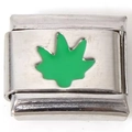 Italian modular charm in stainless steel featuring a green enamel leaf design - 0190-green Maple Leaf