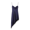 Donkerpaarse satijnen slipdress met zwart kant en asymmetrische zoom op witte achtergrond - XS / Satijnen Patchwork-stijl / Marineblauw