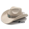 Khaki western cowboy hat with ethnic turquoise band and adjustable chin strap - M (56-58cm) / Beige