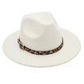 Detailed view of white wool fedora hat with leopard print band and gold buckle accent - Off White