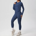 Three-piece navy blue yoga set including zip jacket, sports bra, and high-waist leggings - S / Navy Blue