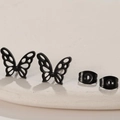 Minimalist black stainless steel hollow butterfly stud earrings with secure backs - 671 Hollow Butterfly / Black