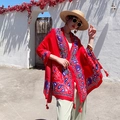Red paisley print beach shawl with fringe tassels for sun protection and travel - Red And Blue Paisley