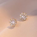 Golden flower stud earrings set with sparkling white zircon on beige silk fabric - Gold Earrings (E0677) / Gold