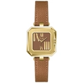 Montre rétro carrée pour femme avec boîtier doré et bracelet en cuir marron chic - Bracelet en Cuir Café