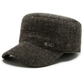 Deep brown herringbone wool military flat cap with textured fabric and metal badge - kitl Label / Coffee