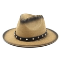 Chapeau de paille d'été avec finition dégradée et ruban en cuir orné de clous - M (56-58cm) / Khaki & Noir