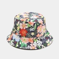 Close-up of tropical floral pattern and reinforced stitching on dark blue sun hat - Double-sided Floral Black / Black