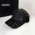 Classic black tweed baseball cap with plaid pattern and gold M letter metal detail - Adjustable / Black