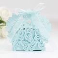 Detail of light blue laser-cut butterfly candy box with ribbon for wedding party - Pearl Pale Blue