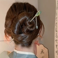 Épingle à cheveux chinoise avec pierre précieuse verte et pompons argentés élégants - Pompon Feuille Émail Émeraude Argenté (51#)