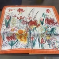 Floral square silk scarf with orange border and vintage tulip pattern on wooden background - Hundred Flowers Pink Handkerchief / 65