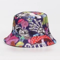 Purple leopard bucket hat featuring psychedelic mushroom and skull patterns for sun protection - M (56-58cm) / Purple Skull and Mushroom Print (#21)
