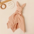Pink muslin cotton baby bunny comforter with wooden teething ring and hello world tag - 30*30 cm / Light Orange
