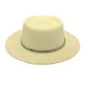 Straw boater hat for summer travel with flat top design and stylish silver metal chain detail - M(56-58cm) / Cream