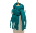 Thick peacock blue mohair scarf with fringe tassels shown on a wooden mannequin - Dark Green