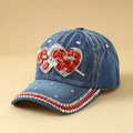 Blue denim baseball cap with crystal heart design and red gemstones for women - Heart Denim Blue