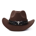 Chapeau de cowboy en feutre de laine marron avec tête de taureau argentée et rivets - Marron (Bande en cuir noir)
