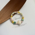 Colorful handmade ceramic bead bracelet with beige flower accent in bohemian style - 938B Green Coconut Bubbles