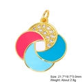 Macro shot of circular enamel pendant with pink and blue colors and size specs - Pink Blue Enamel