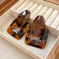 Detail of vintage geometric earrings with faux tortoiseshell pattern in a wooden box - 67# Silver Needle - Brown - Geometric Square