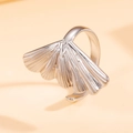 Polished silver stainless steel ginkgo leaf open ring with radiant leaf texture - J03484 / Silver