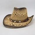 Hollow straw cowboy hat with shell and colorful beads trim for summer beach sun protection - One Size Cowboy / Beige Black (Gold Bead Crab)