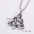 Detailed view of stainless steel triangular celtic knot pendant with serpents and dimensions - Three Snake Knot Design - Pendant Only