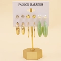 7-pair earring set featuring gold hoops, faux pearls, and green marble resin drops - Light Green Marble Multi Style (30)