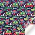 Blue Christmas wrapping paper featuring snowmen, green trees, and holiday birds - Style 5 (Blue Winter Scene)