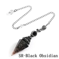 Macro view of black obsidian crystal pendulum with antique silver cap and copper wire wrap - Black Obsidian Ancient Silver