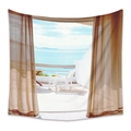 Bohemian tapestry featuring a scenic blue ocean view from a balcony with brown curtains - Zj202148-16 / 100X150CM (Short Plush)