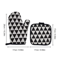 Black and white triangle pattern oven mitt and pot holder set with dimension markings - Black White Triangle + Pad