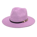 Close-up of lavender straw fedora hat featuring a black ribbon and gold metal buckle - M (56-58cm) / Taro Purple