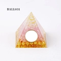 Pink crystal tree of life pyramid with resin sphere and golden spiral wire detail - Ball031