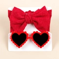 Detail of red knit bow headband and matching heart-shaped sunglasses for baby girls - Paper Card 2pcs Set / Red