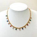 Fashion gold chain necklace featuring colorful teardrop zircon tassels on model - Waterdrop Style (TZ-N0799-02-shuidi)