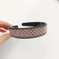 Wide black headband with pink and gold rhinestones in a diamond lattice pattern - Grid Purple Champagne Full Rhinestone