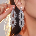Luxurious sparkling crystal drop earrings with white rhinestones worn by a model - Silver Long Pave Dress Style