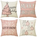 Set of four pink Christmas pillow covers featuring festive trees and winter greetings - Pink Tree Quotes