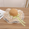 Women's sun hat in natural straw with white lace brim and light green silk ribbon bow - No Flower Green Ribbon - Khaki