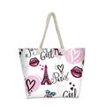 Close-up of canvas tote bag with Paris-themed graffiti and white woven rope handles - White Paris Graffiti Style (jiayingstb20)