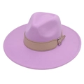 Detail of purple fedora hat with light brown leather belt strap and silver buckle - Taro Purple