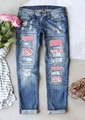 Ripped distressed dark blue jeans featuring pink sequins and leopard print patchwork details - S / Denim Blue