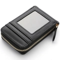 Black pebbled leather accordion card holder with gold zipper and transparent ID window - Black